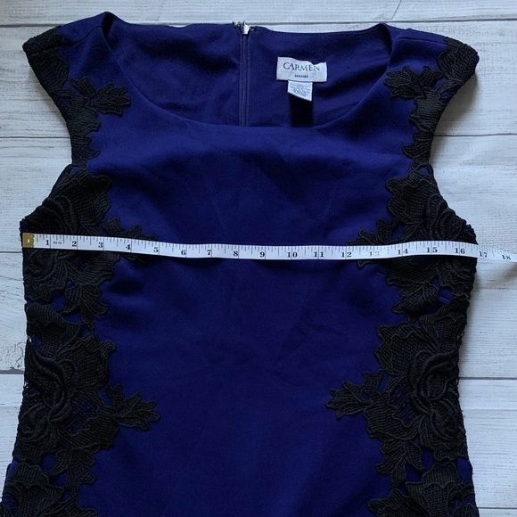 Carmen Marc Valvo Blue Cocktail Party Dress Black Lace Accents Size 4 - Picture 6 of 8